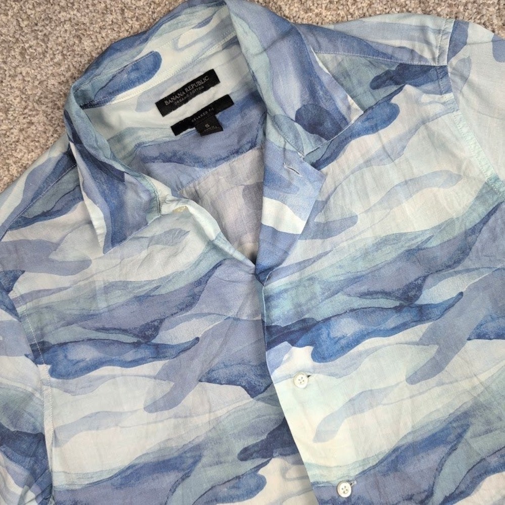 Banana Republic Organic Cotton Camp Shirt Relaxed Fit Blue Camo Mens